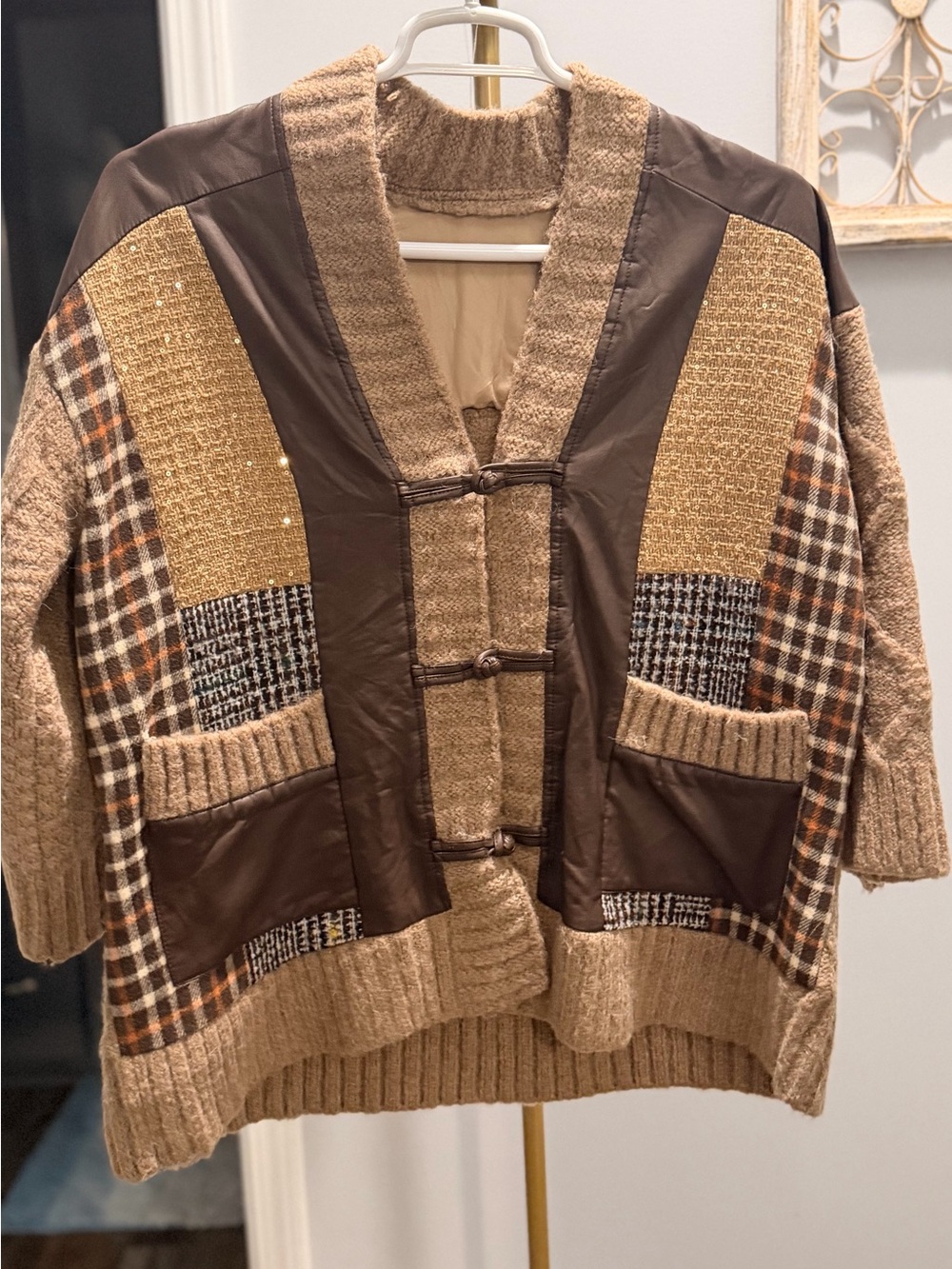 Womens Brown Patchwork Mixed Media Knit Cardigan